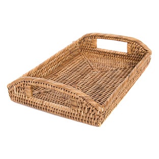 Artifacts Trading Company Rattan Rectangular Vanity Tray with High Handles - Off-White